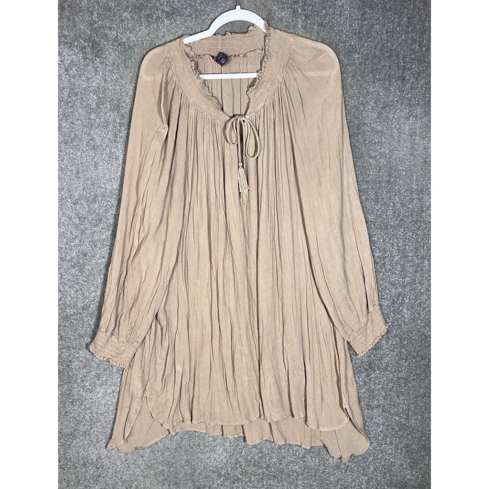 Roamans Crinkle Gauze Tunic Top Womens Sz 26W Tan Brown Rayon Keyhole Tassel Tie